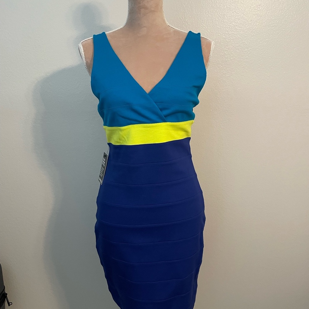 Express V-Neck Mini Dress - Teal and Yellow